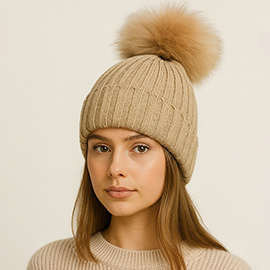 Knitted Fox Fur Pom Pom Winter Beanie Hat